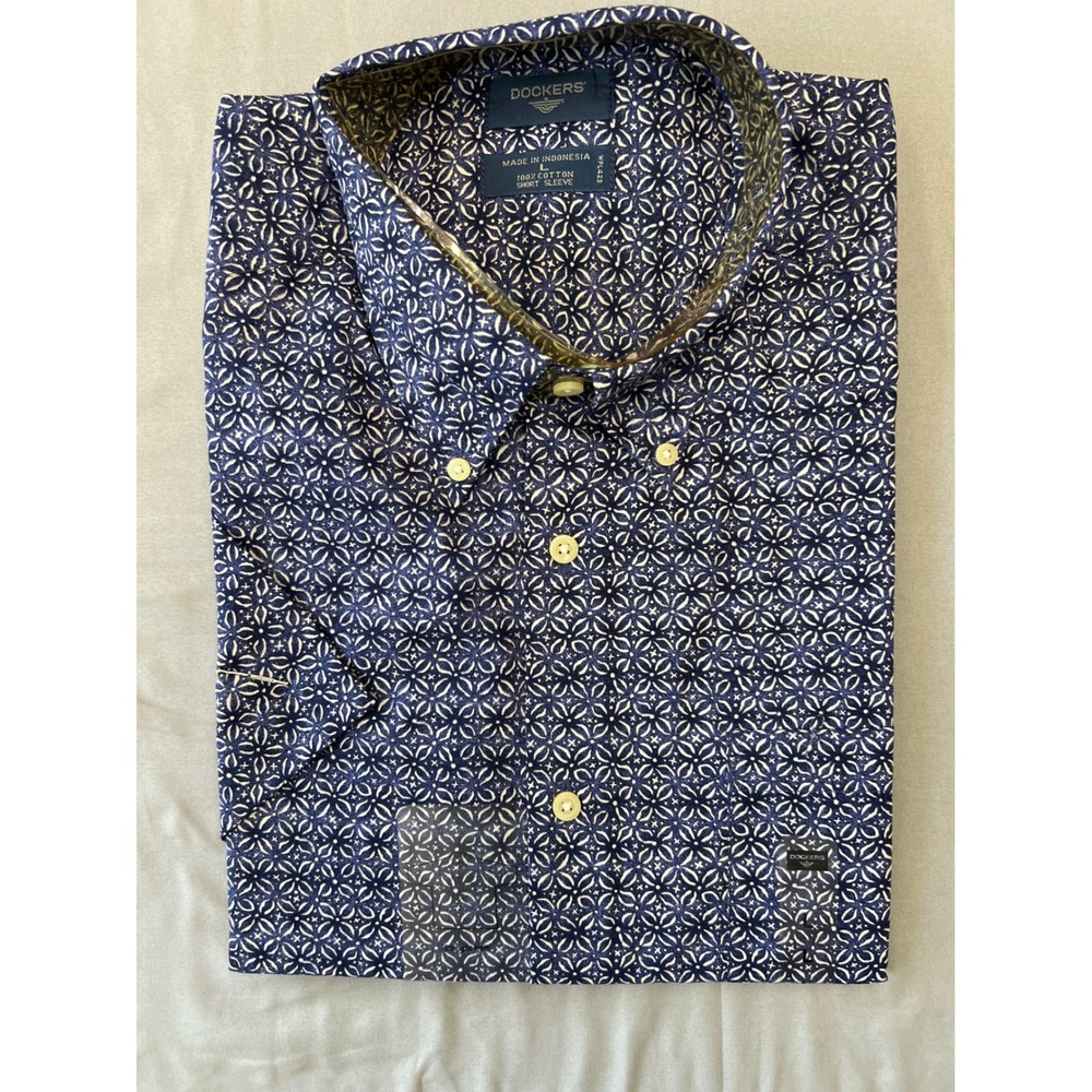 Dockers Mens Navy Blue White Geometric Print Short Sleeve Button Down Shirt L
